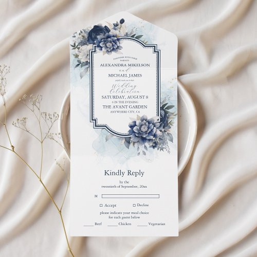 Dusty Blue and Navy Floral Elegant Wedding All In One Invitation