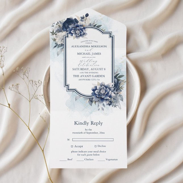 Dusty Blue and Navy Floral Elegant Wedding All In One Invitation (Creator Uploaded)