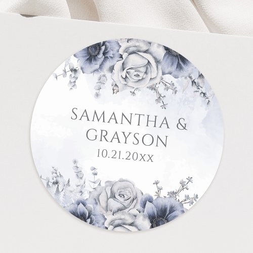 Dusty Blue And Navy Floral Elegant Wedding Classic Round Sticker