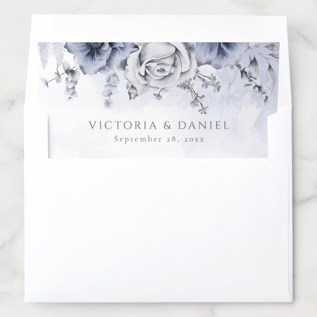 Dusty Blue And Navy Floral Elegant Wedding Envelope Liner (In Envelope)