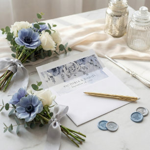 Dusty Blue And Navy Floral Elegant Wedding Envelope Liner