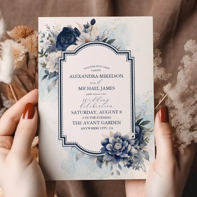 Dusty Blue and Navy Floral Elegant Wedding Invitation (Creator Uploaded)