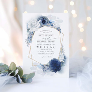 Dusty Blue and Navy Floral Elegant Wedding Invitation
