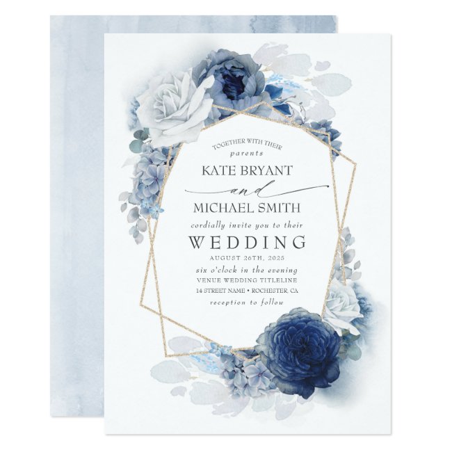 Dusty Blue and Navy Floral Elegant Wedding Invitation