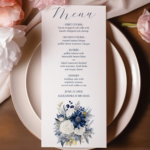  Dusty Blue and Navy Floral Elegant Wedding Menu