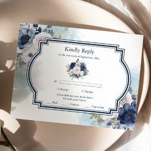 Dusty Blue and Navy Floral Elegant Wedding RSVP Card