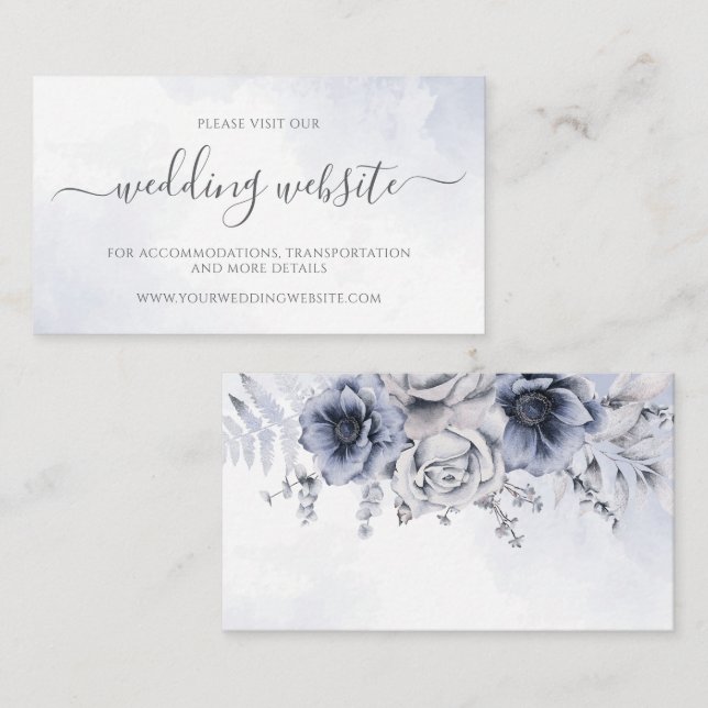 Dusty Blue And Navy Floral Elegant Wedding Website Enclosure Card (Front/Back)