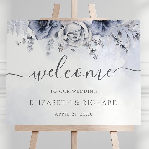 Dusty Blue And Navy Floral Elegant Wedding Welcome Foam Board