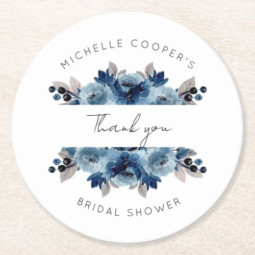 Dusty Blue and Navy Floral Round Paper Coaster