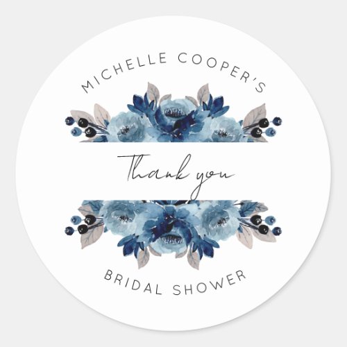 Dusty Blue and Navy Floral Thank You Classic Round Sticker