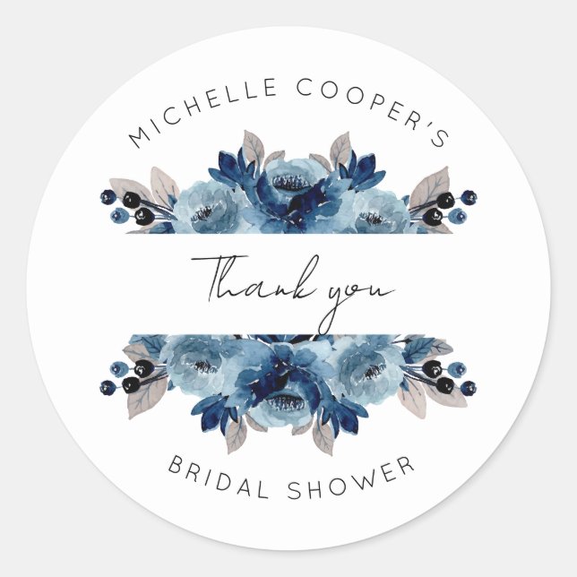 Dusty Blue and Navy Floral Thank You Classic Round Sticker (Front)