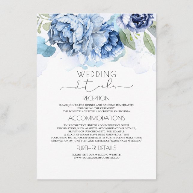 Dusty Blue and Navy Floral Wedding Information Enclosure Card (Front)