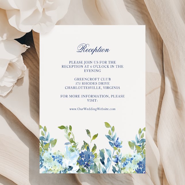 Dusty Blue and Navy Floral Wedding Reception Enclosure Card (This reception enclosure card features delicate dusty blue and navy blue flowers)