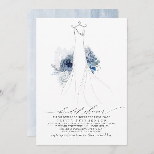 Dusty Blue and Navy Flowers Dress Bridal Shower In Invitation