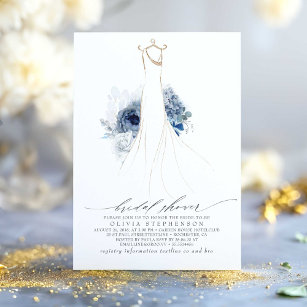 Dusty Blue and Navy Flowers Dress Bridal Shower Invitation