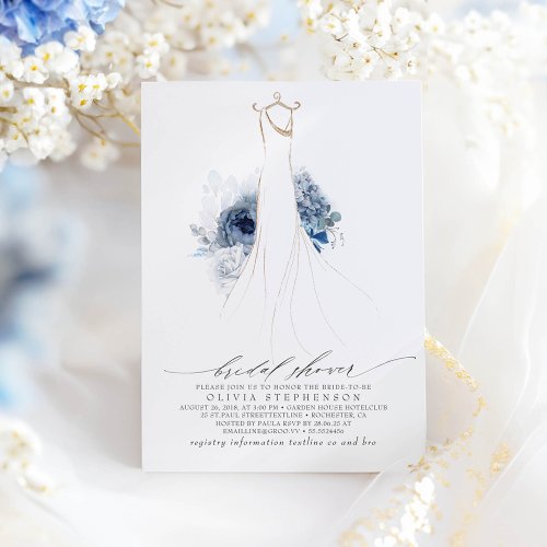 Dusty Blue and Navy Flowers Dress Bridal Shower Invitation