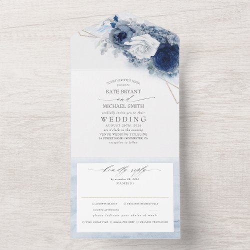 Dusty Blue and Navy Flowers Elegant Modern Wedding All In One Invitation
