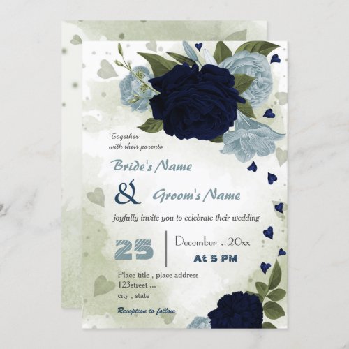 dusty blue and navy flowers greenery wedding invitation
