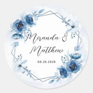 Dusty Blue and Navy Watercolor Floral Wedding Classic Round Sticker