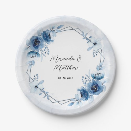 Dusty Blue and Navy Watercolor Floral Wedding Paper Plates