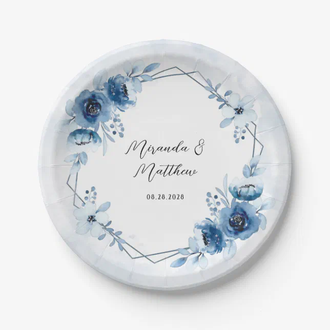 Dusty Blue and Navy Watercolor Floral Wedding Paper Plates | Zazzle