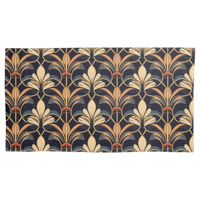 Dusty Blue and Orange Art Deco Pillow Case (Front-Left)