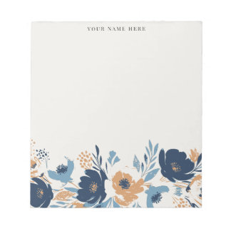 Dusty Blue and Orange Floral Watercolor with Name Notepad