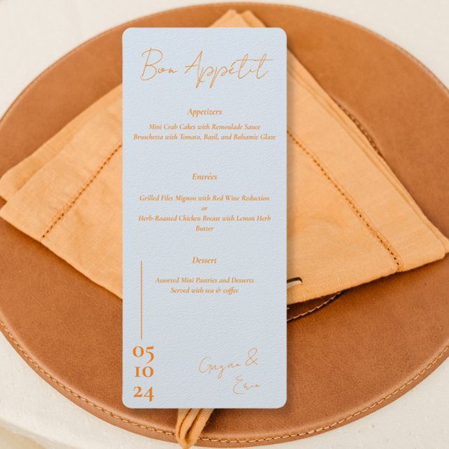 Dusty blue and orange Letter Wedding menu  (Creator Uploaded)