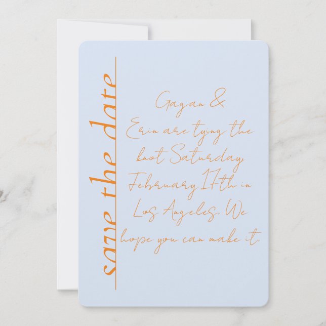 Dusty blue and orange Love Note Save the Date  Invitation (Front)