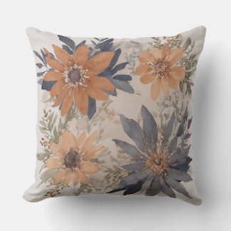 Dusty Blue and Orange Watercolor floral Throw Pillow