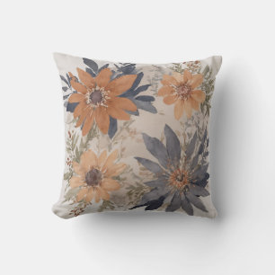 Dusty Blue and Orange Watercolor floral Throw Pillow