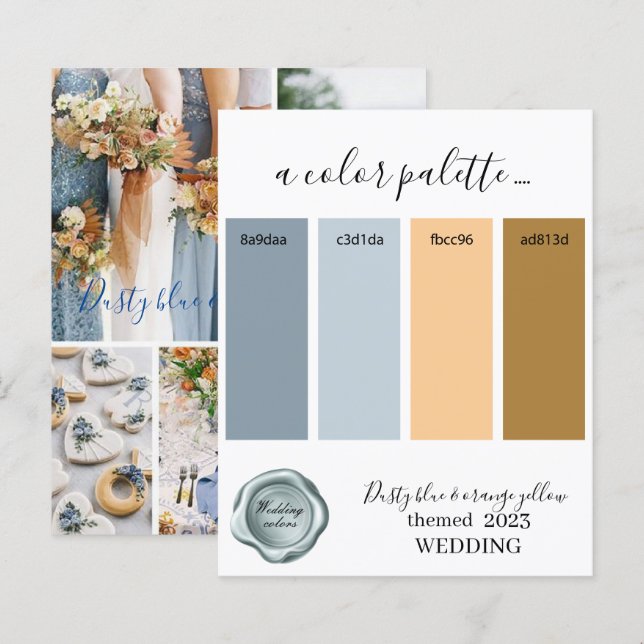Dusty blue and orange yellow Wedding colors Palett (Front/Back)