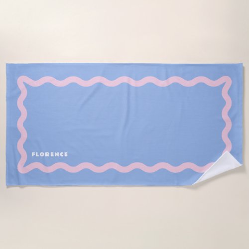 Dusty Blue and Pale Pink Squiggle with Text Beach Towel