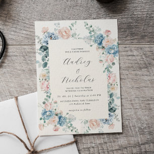 Dusty Blue and Peach Elegant Floral Wedding Invitation