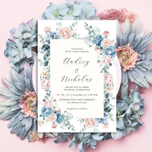 Dusty Blue and Peach Elegant Floral Wedding Invitation