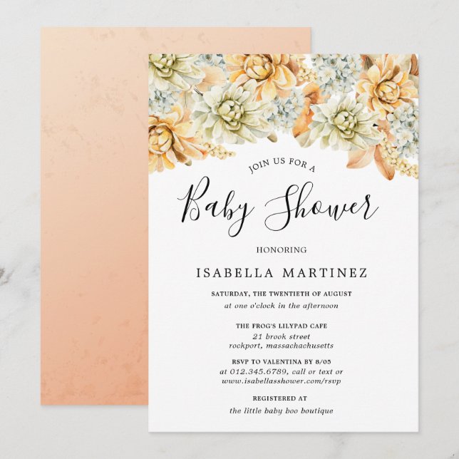 Dusty Blue and Peach Fall Floral Baby Shower Invitation (Front/Back)