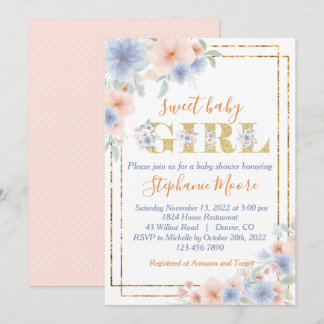 Dusty Blue and Peach Floral Baby Shower Invitation