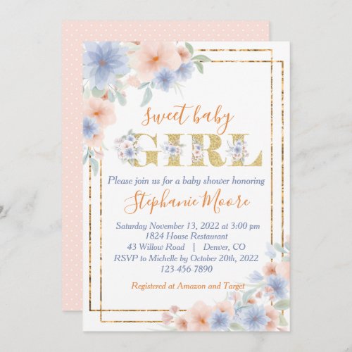 Dusty Blue and Peach Floral Baby Shower Invitation