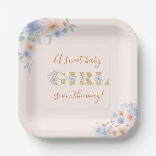 Dusty Blue and Peach Floral Baby Shower   Paper Plates