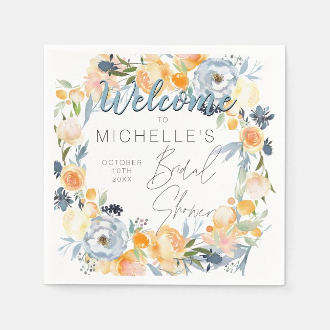 Dusty Blue and Peach Floral Bridal Shower  Napkins (Front)