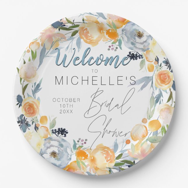 Dusty Blue and Peach Floral Bridal Shower Paper Plates (Front)