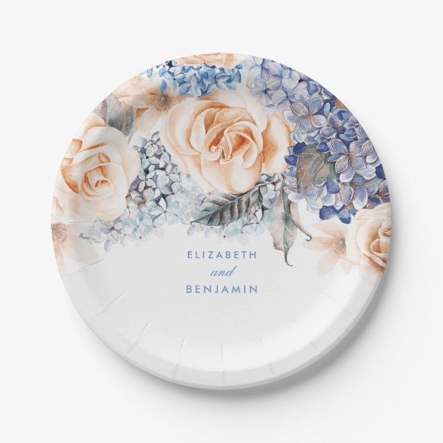 Dusty Blue and Peach Floral Elegant Wedding Paper Plates (Front)