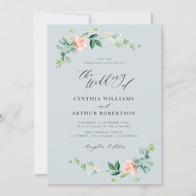 dusty blue and peach floral wedding invitation (Front)