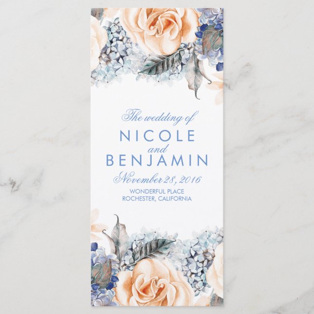 Dusty Blue and Peach Floral Wedding Programs (Front)