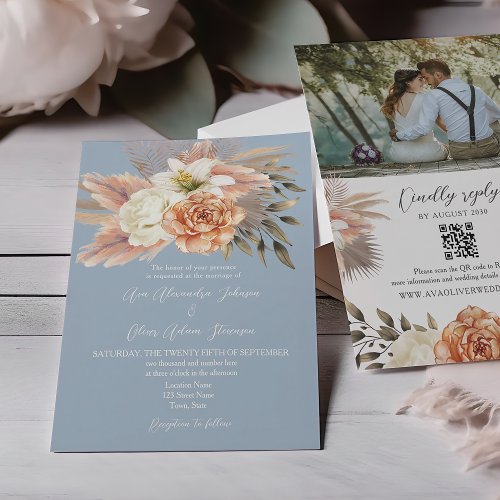Dusty Blue and Peach Floral Wedding QR Code Invitation