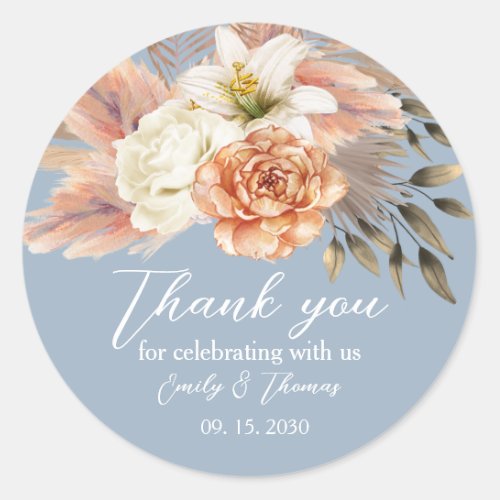 Dusty Blue and Peach Floral Wedding Thank You Classic Round Sticker