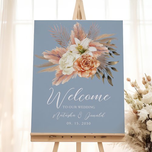Dusty Blue and Peach Floral Wedding Welcome Poster