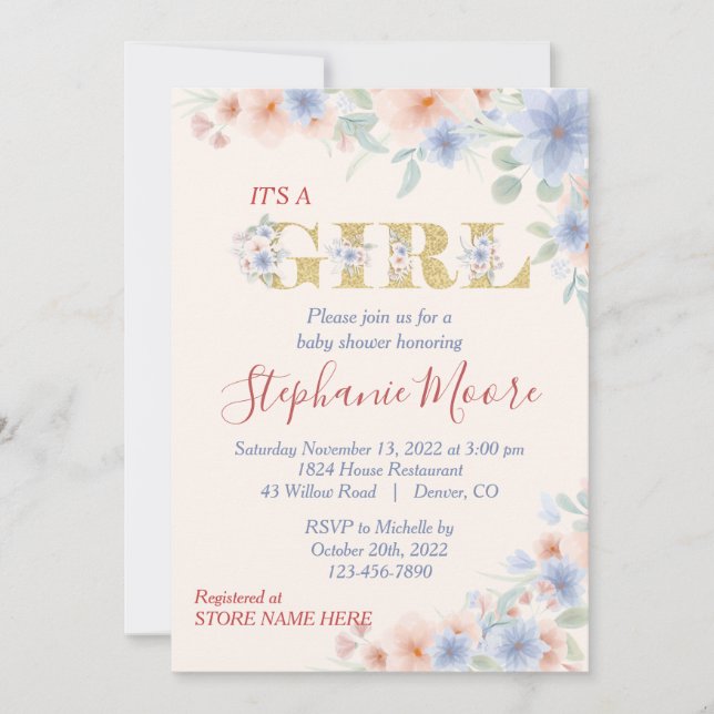 Dusty Blue and Peach (Ver.2) Floral Baby Shower Invitation (Front)