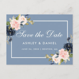 Dusty Blue and Pink Blush Floral Save the Date Announcement Postcard
