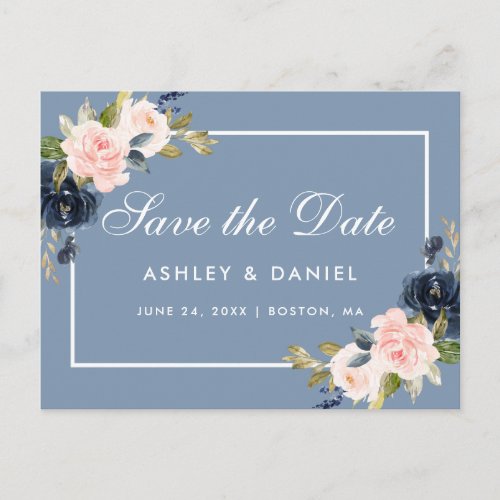 Dusty Blue and Pink Blush Floral Save the Date Announcement Postcard